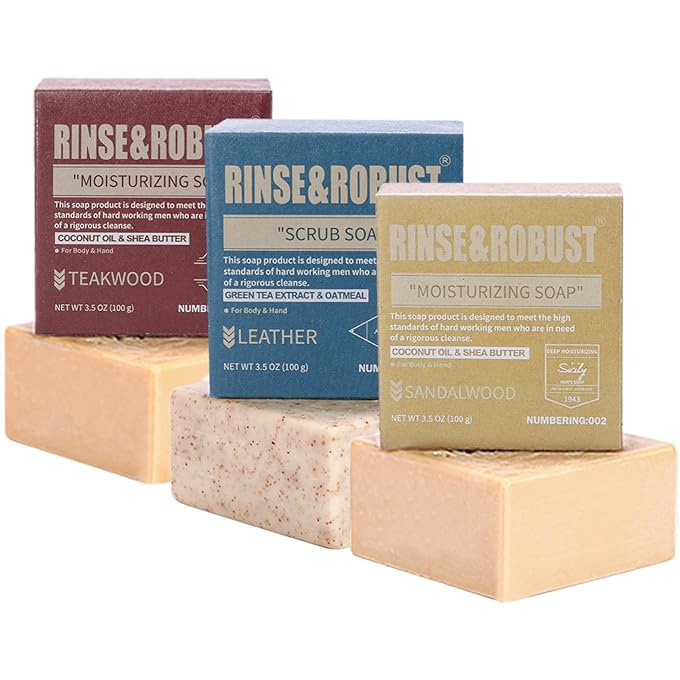 رينس & روبوست صابون Rinse & Robust للرجال صابون حوض استحمام 3 عبوات يدوية مجموعة ألواح الصابون الطبيعية اليدوية مجموعة هدايا صابون مرطب ومقشر للرجال | الجلد، خشب الصندل، خشب الساج | 3.5 أونصة من 3 أشرطة - Image 1